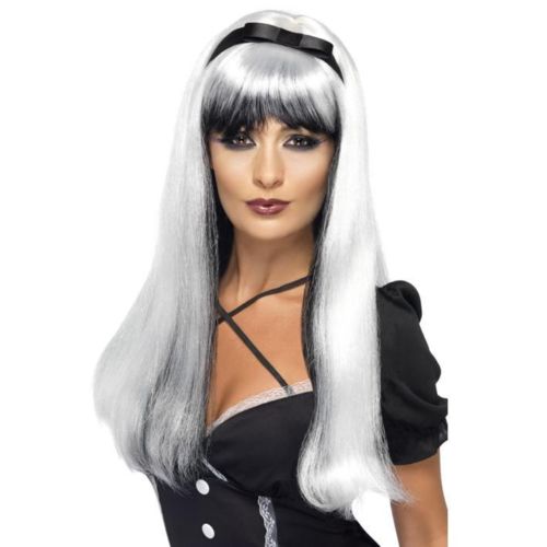 Bewitching Wig Ladies Long Silver and Black Halloween Fancy Dress Dark Alice