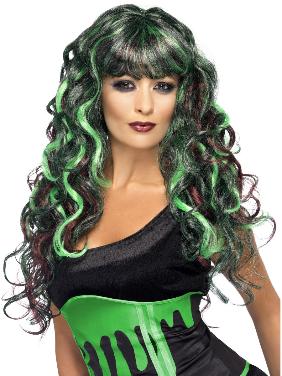 Blood Drip Siren Wig Black & Green Ladies Long Curly Wig Halloween Fancy Dress
