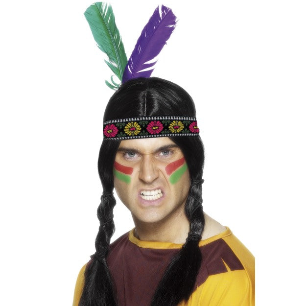Native American Indian Brave Headband + Feathers Adults Wild West Fancy Dress