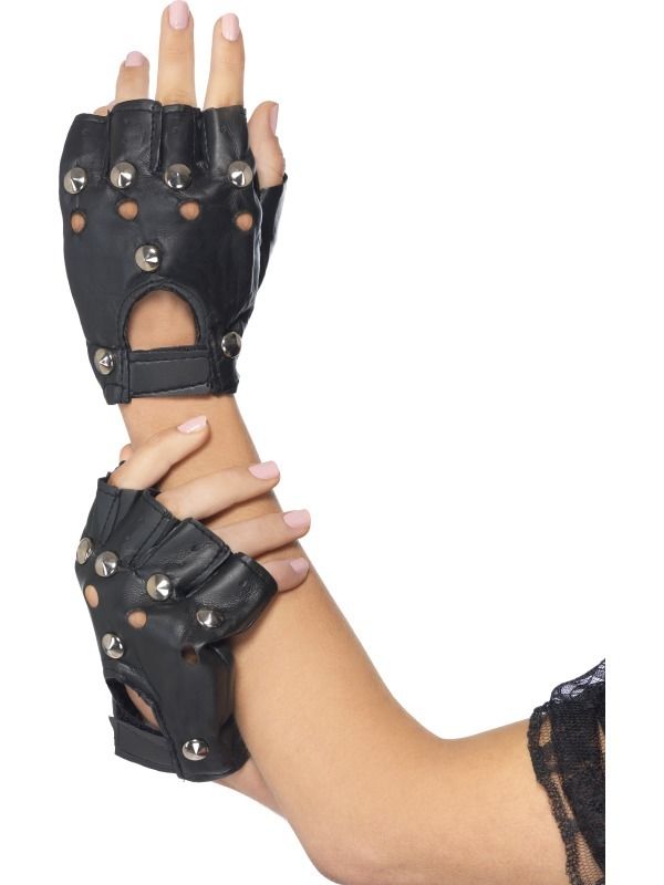 80s Punk Gloves Black PVC Fingerless Gloves Metal Studs 1980s Fancy Dress