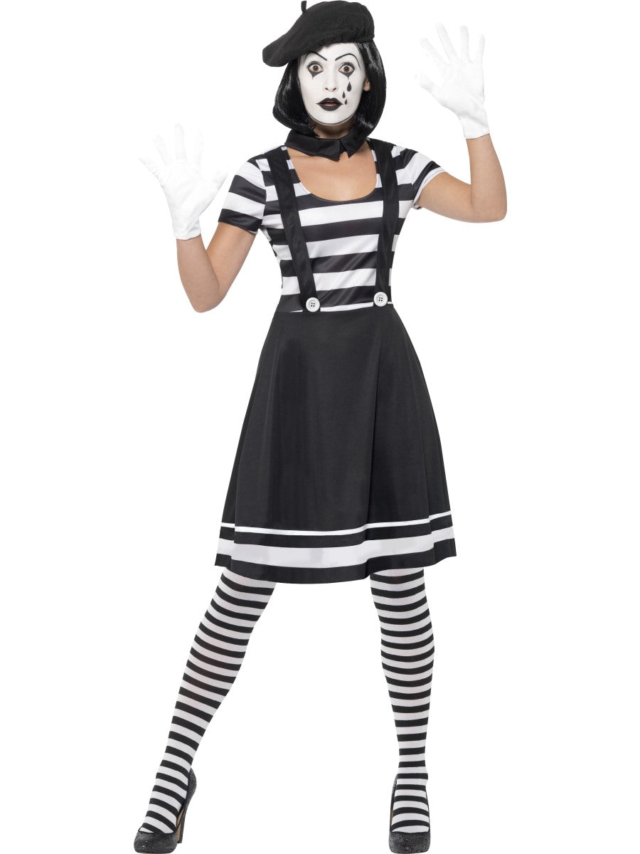 Adults Mime Artist Fancy Dress Ladies French Circus Costume Street Outfit Uk 8-18
