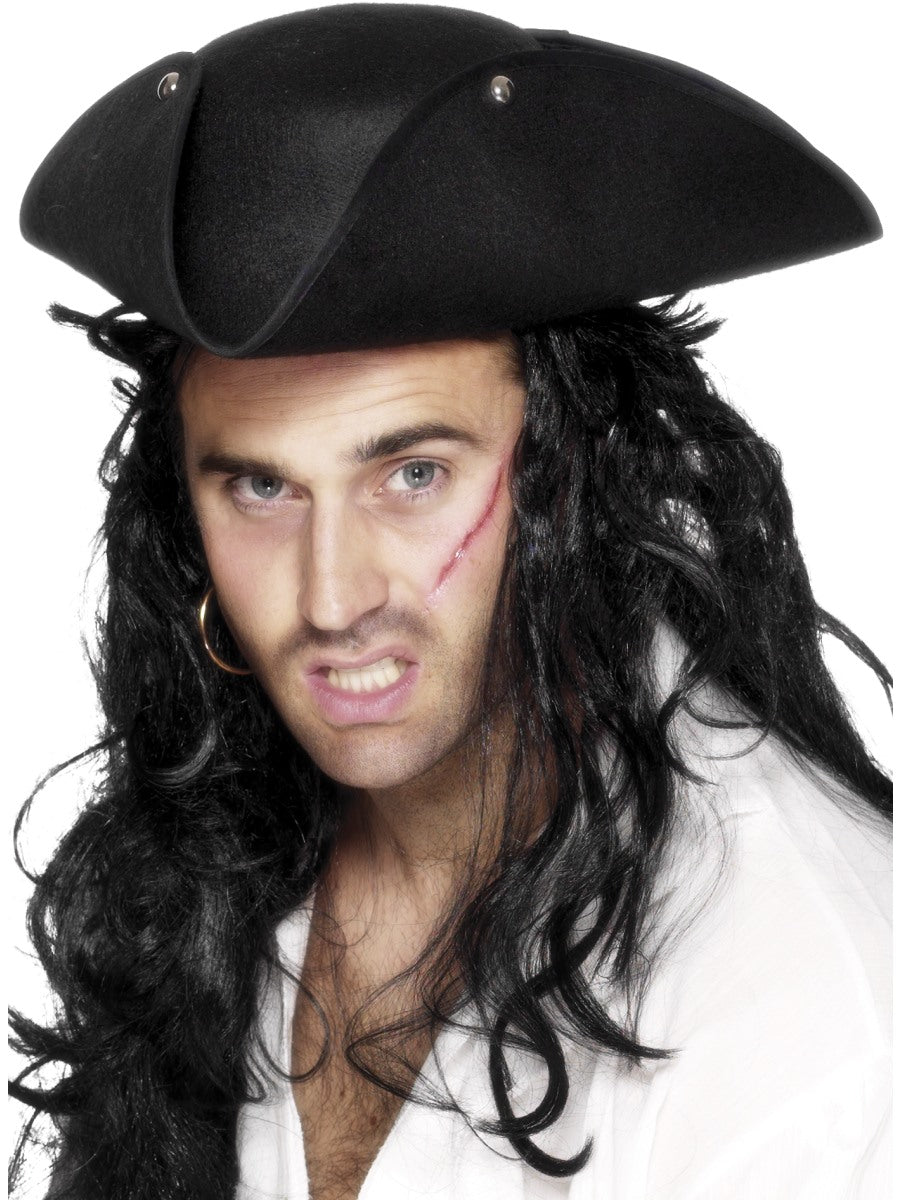 Black Pirate Hat Tricorn Dick Turpin Highwayman Adults Fancy Dress Accessory