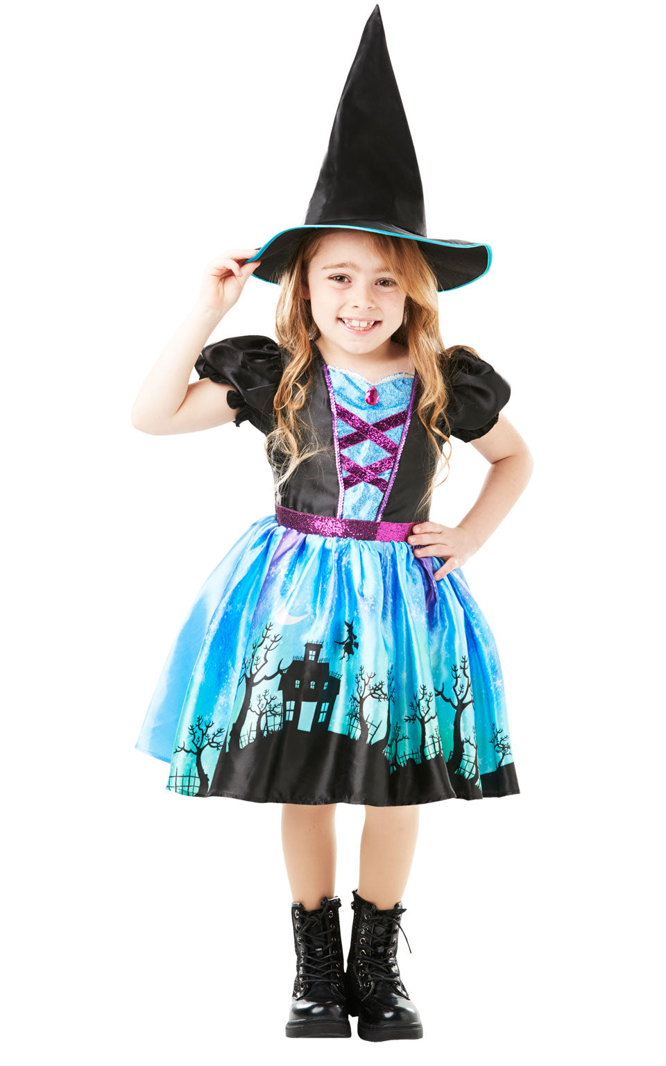 Moonlight Witch Costume Girls Halloween Witches Fancy Dress Outfit + Hat Age 3-10