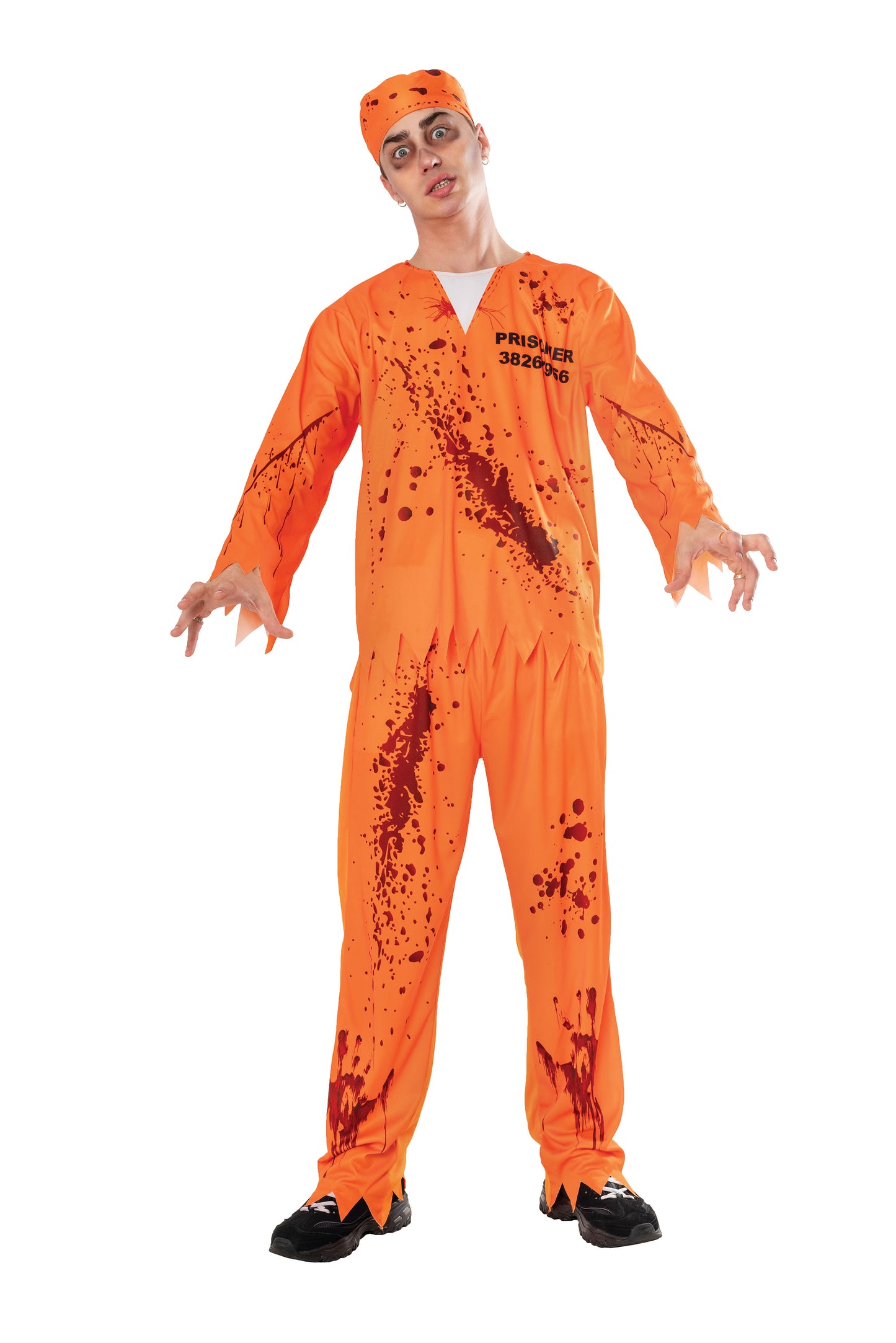 Bloody Convict Orange Overalls Prisoner Fancy Dress Costume Mens Halloween