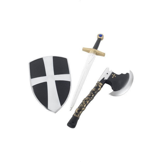 Medieval Knight Crusader Set Sword Axe & Shield Fancy Dress Costume Accessory
