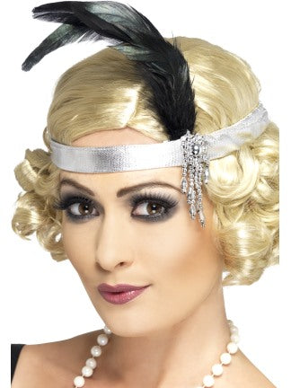 Satin Flapper Headband With Feather Great Gatsby 20s Ladies Fancy Dress