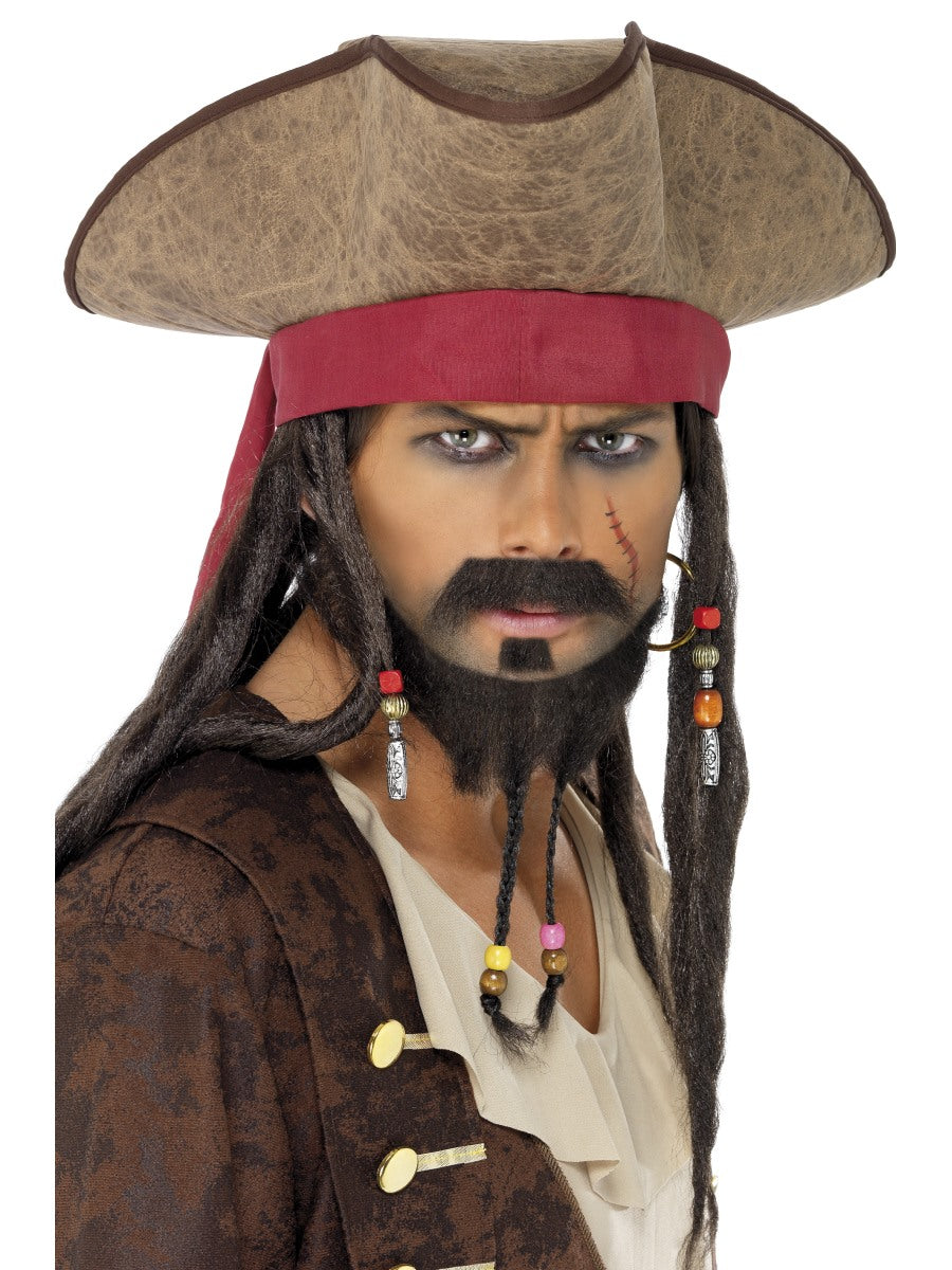 Pirate Hat Brown with Dreadlocks Caribbean Fancy Dress Accessory Mens Adults