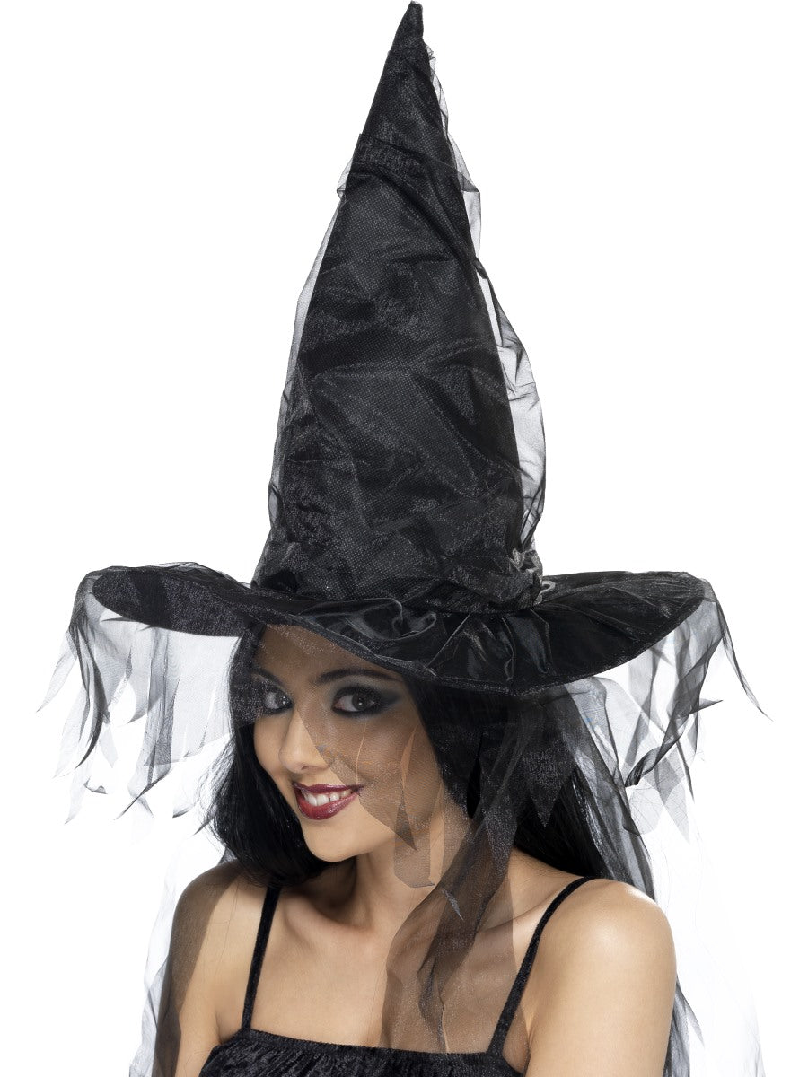 Black Witches Hat Ladies Halloween Deluxe Fancy Dress Witch Hat With Netting