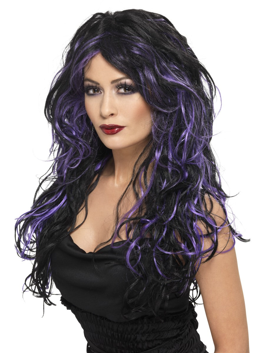 Gothic Bride Wig Ladies Halloween Black & Purple Fancy Dress Wig New