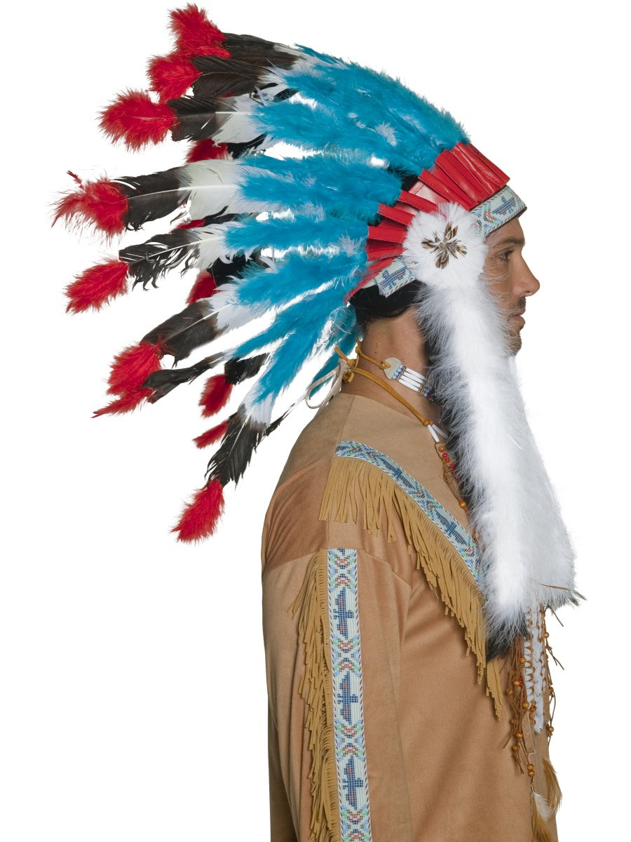 Deluxe Western Indian Chief Head Dress Adults Feather Headpiece Costume New
