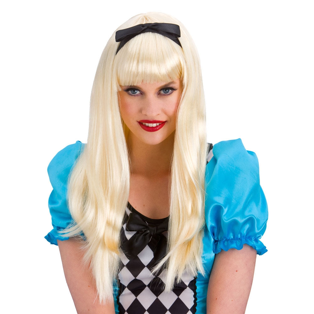 Alice In Wonderland Wig Long Blonde With Bow Fairytale Fancy Dress Accessory