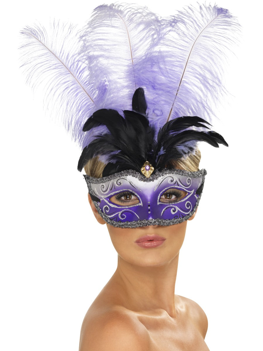 Columbian Eyemask Purple + Feather Plume Deluxe Pantomime Opera Mask