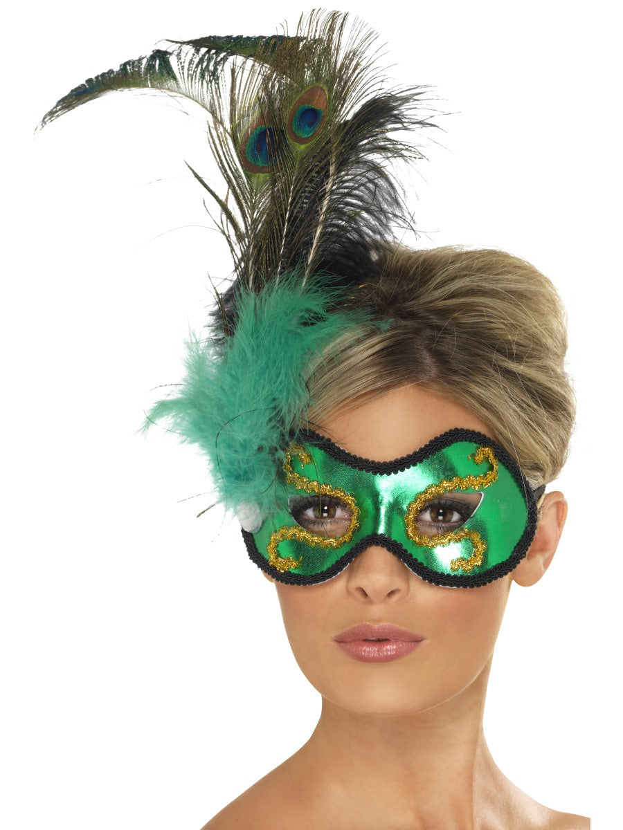 Emerald Green Peacock Eye Mask With Feather Masked Ball Fancy Dress