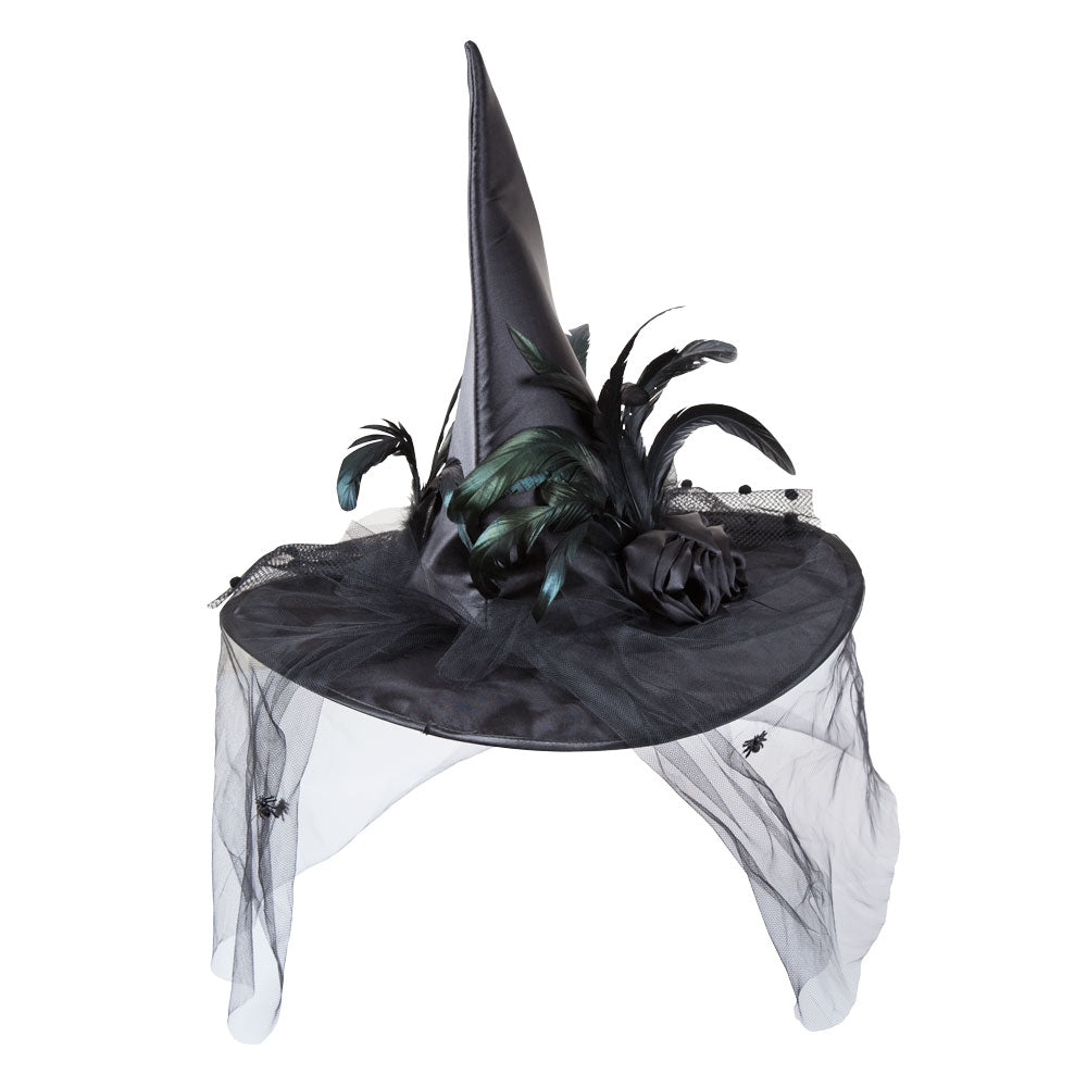 Black Tall Witch Hat With Feathers + Veil Ladies Halloween Fancy Dress