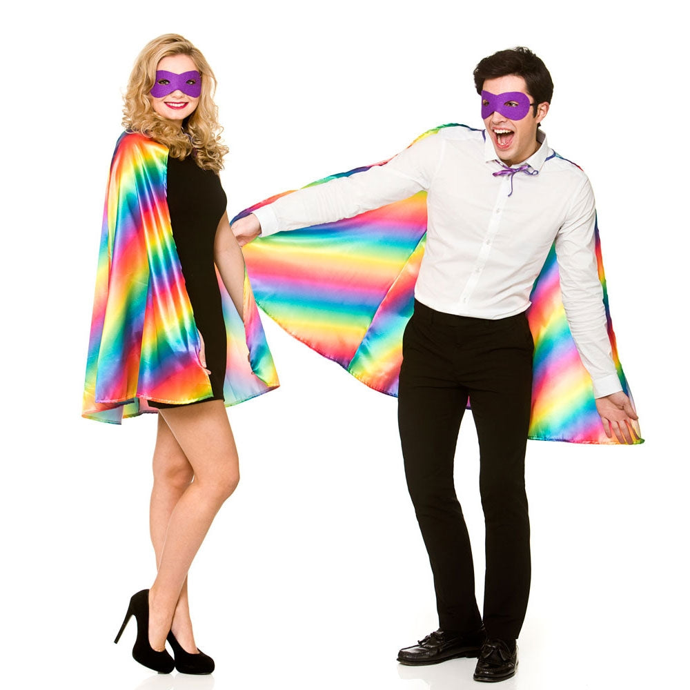 Super Hero Cape + Mask Set Adults Rainbow Multi Colour Fancy Dress