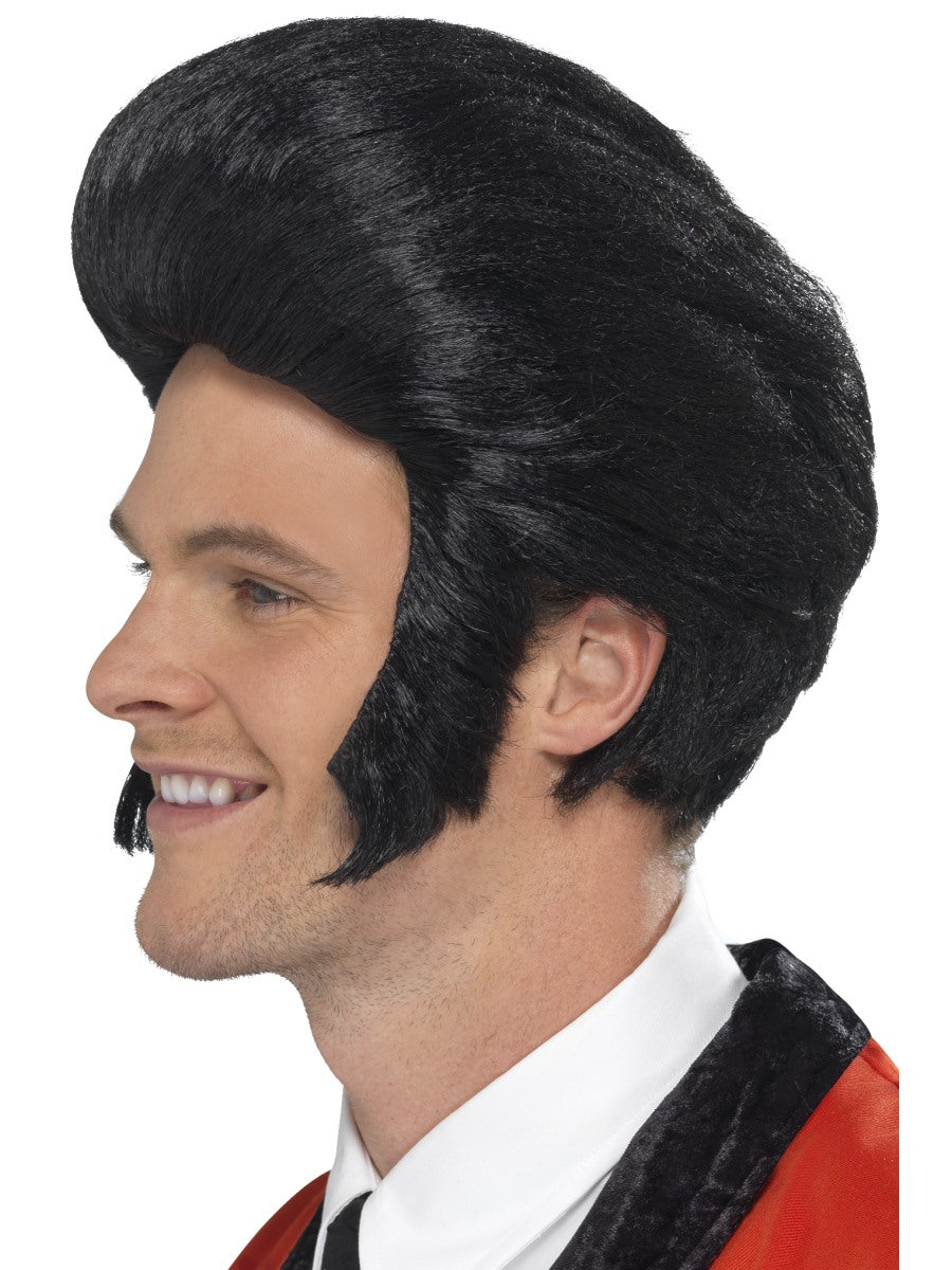 Black 50s Rock n Roll Wig Mens Elvis Fancy Dress Accessory Adults 1950s