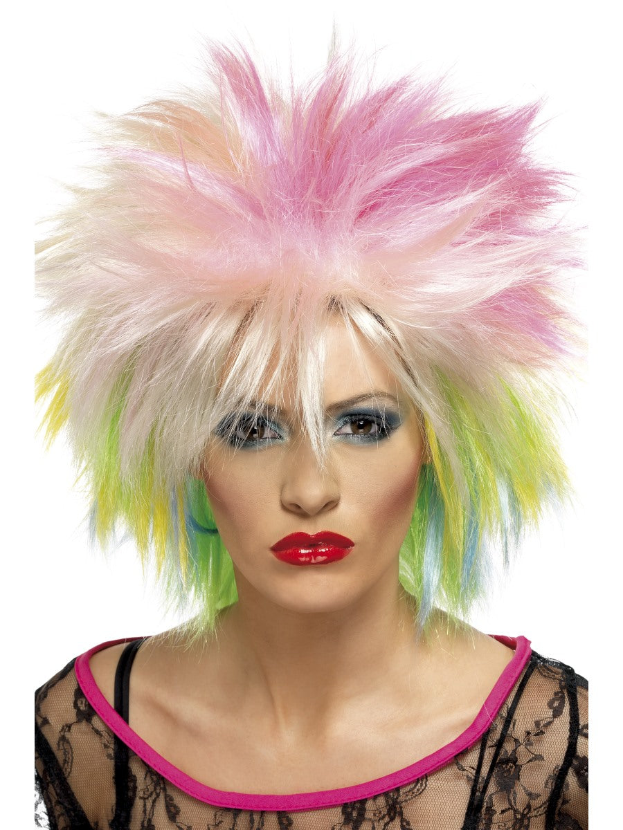Ladies 80s Attitude Wig Multi Coloured Cutie Rock Punk Wild Child Fancy Dress