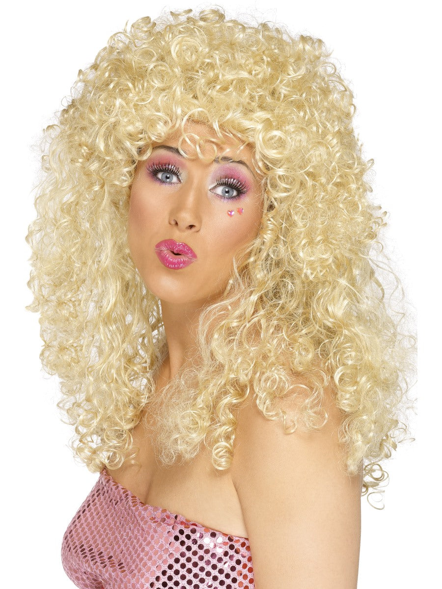 Boogie Babe Wig Blonde Long Curly 80s Ladies Fancy Dress Outfit Dolly