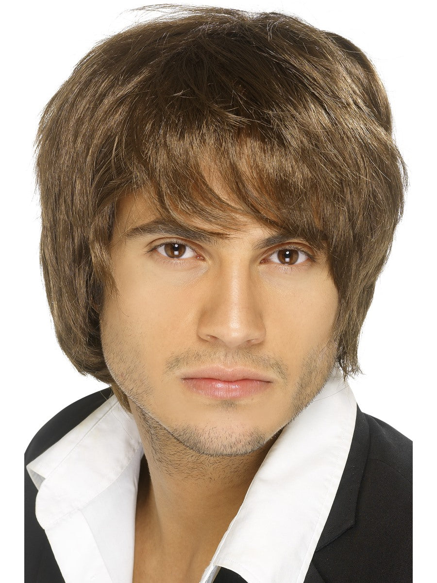 Brown Boy Band Wig Mens Short Pop Star Celebrity Fancy Dress Accessory