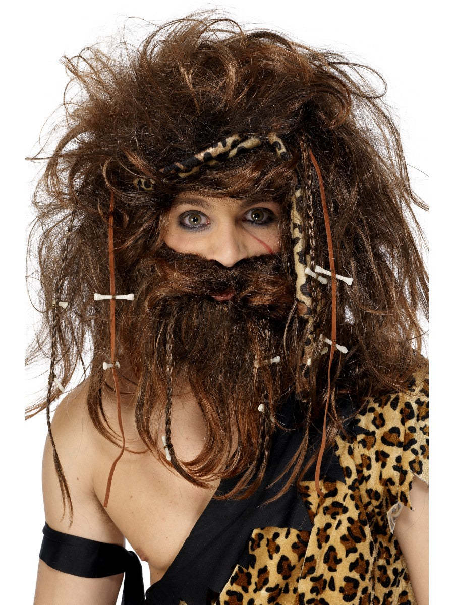 Crazy Caveman Wig Beard Bones Headband Adults Mens Fancy Dress Accessory Brown