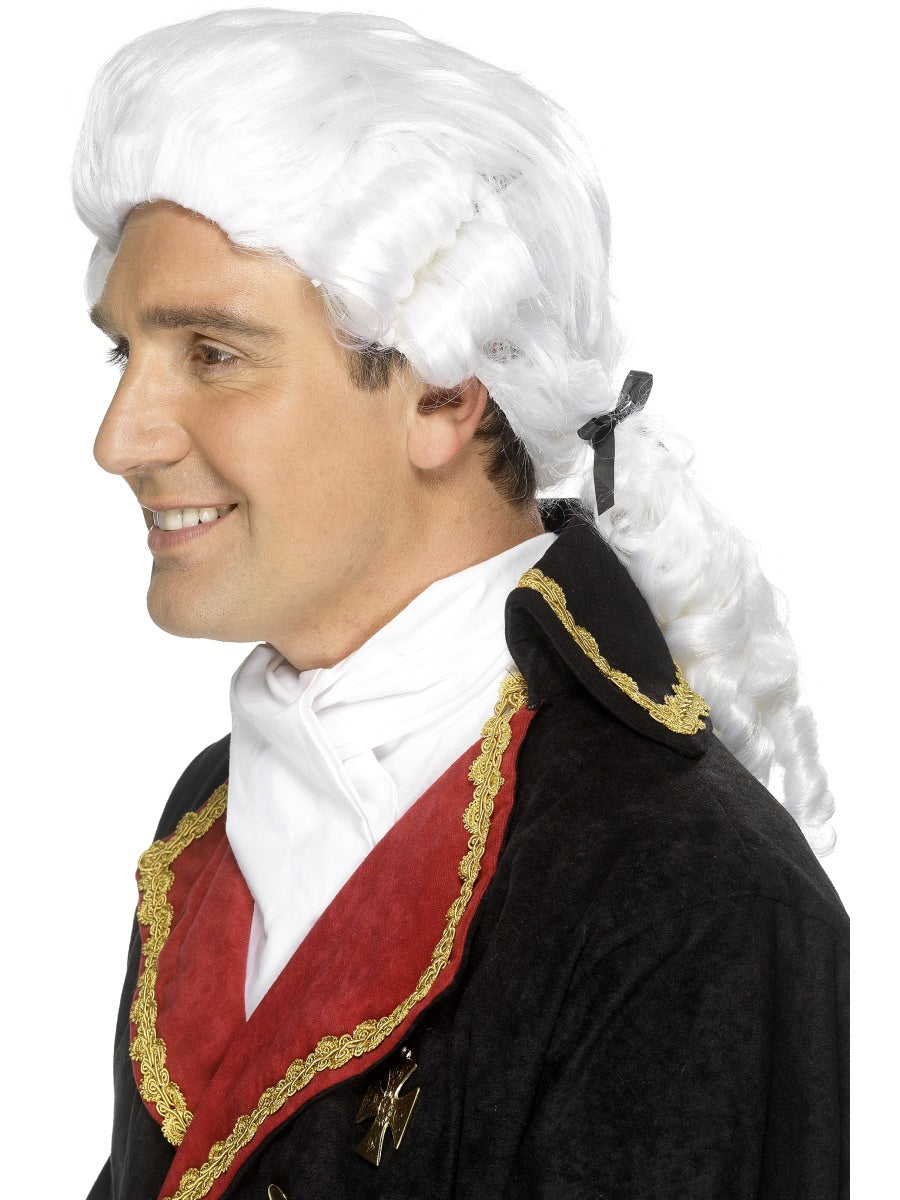 Court Wig White Black Ribbon & Ringlets Adult Mens Smiffys Fancy Dress Costume