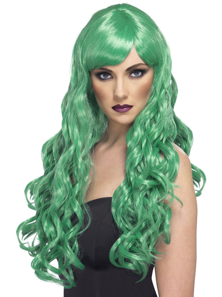 Green Desire Wig Long Curly w/ Fringe Adult Womens Fancy Dress Wig New
