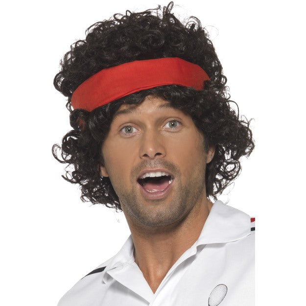 1980s Tennis Player Wig + Headband Mens Sport Fancy Dress Costume Accessory