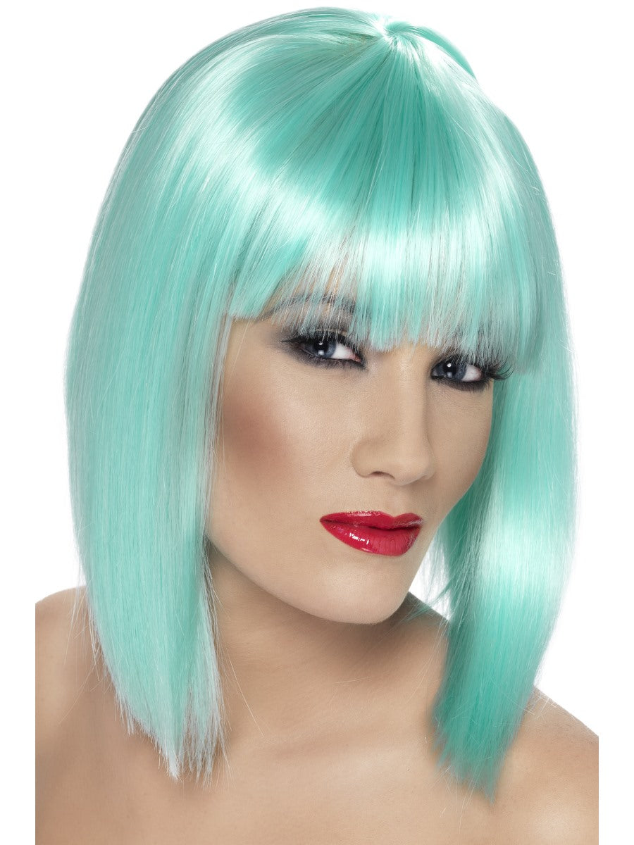 Blue Glam Wig Ladies Short Blunt Bob Wig Straight Aqua Fancy Dress Accessory