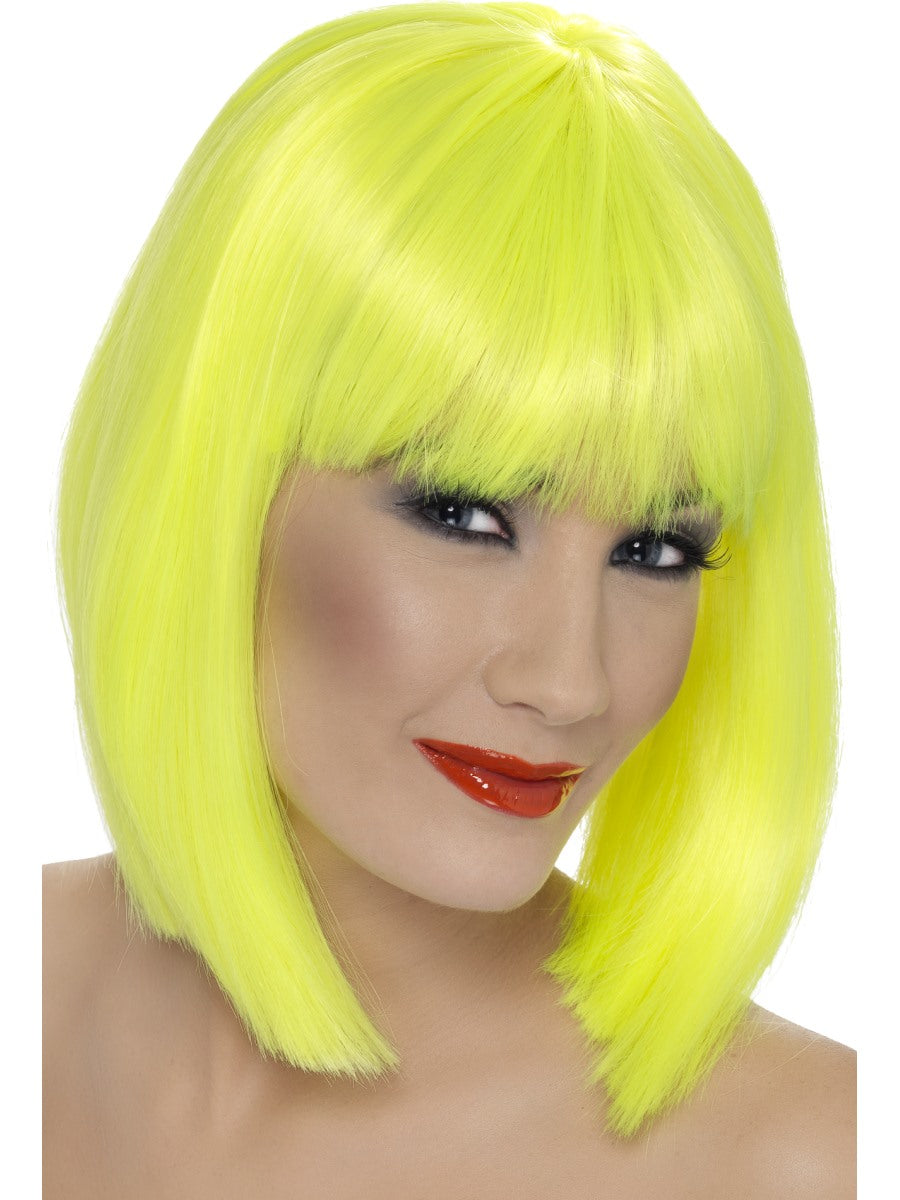 Ladies 80s 1980s 80's Glam Fancy Dress Wig Neon Yellow Womens Wig New