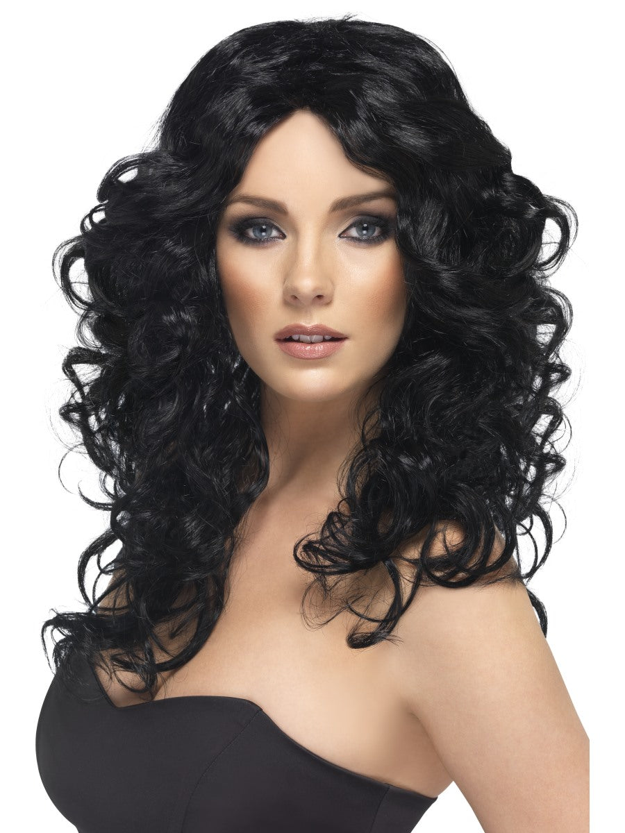 Black Long Curly Wig Glamour Ladies Wavy Hair Fancy Dress Accessory