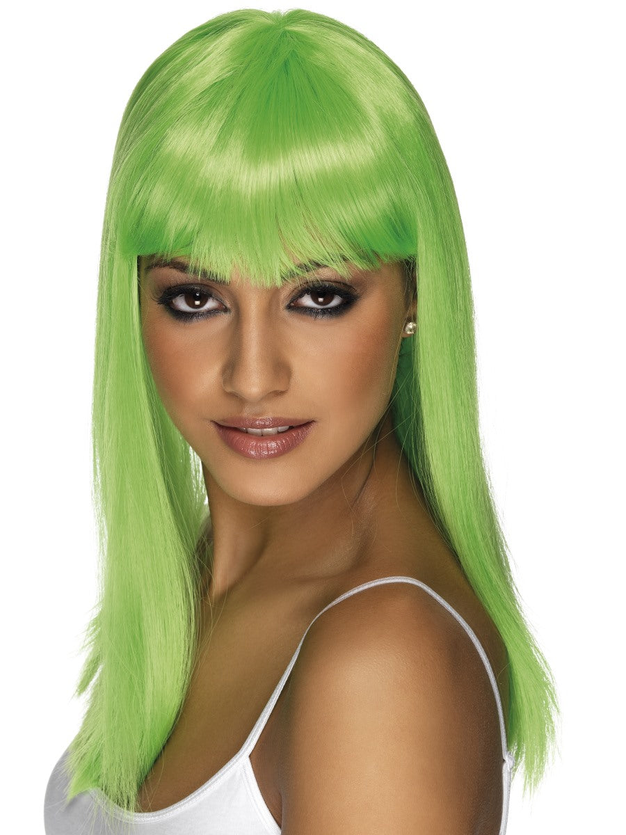Green Glamour Wig Ladies Deluxe Straight Fringed Lime Green Wig Fancy Dress Prop