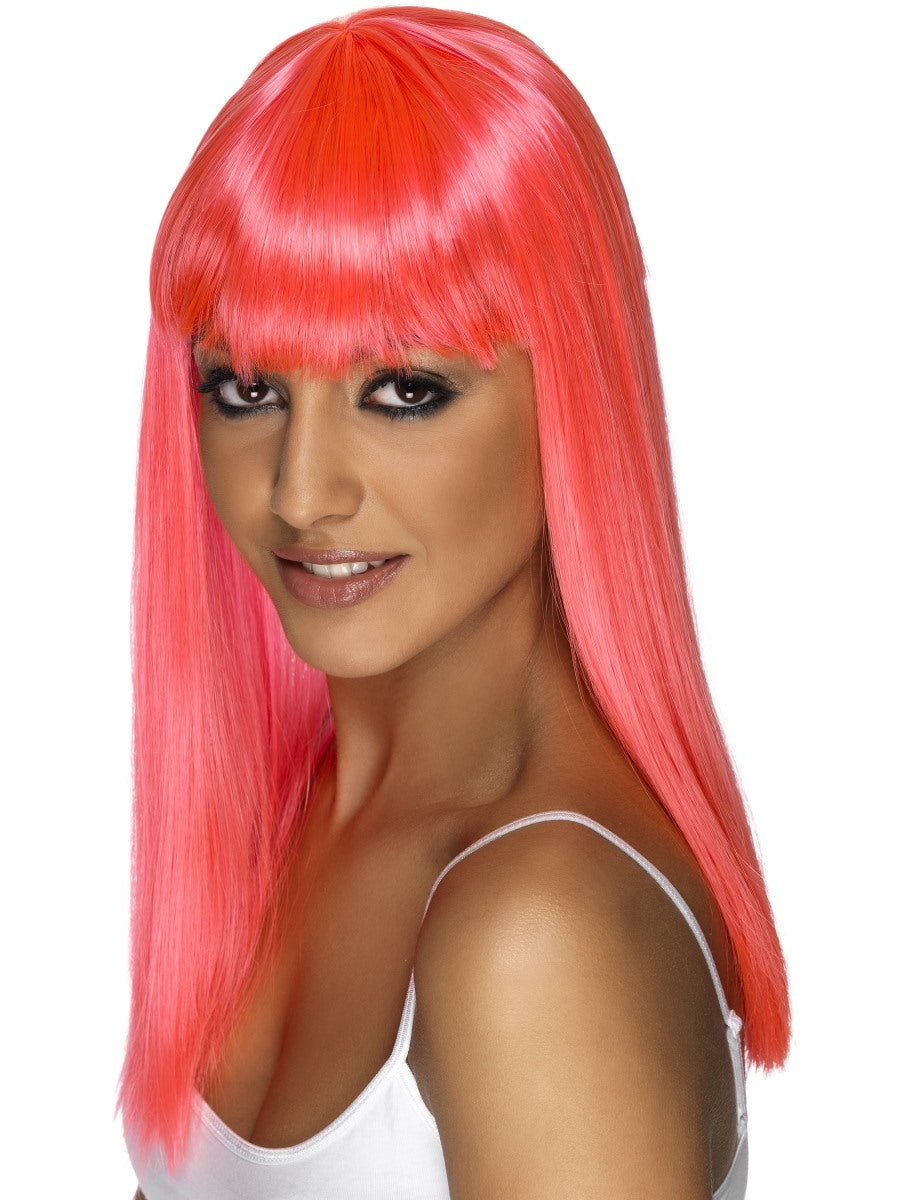 Pink Glamourama 80S Fancy Dress Wig With Fringe Neon Pink Hen Party