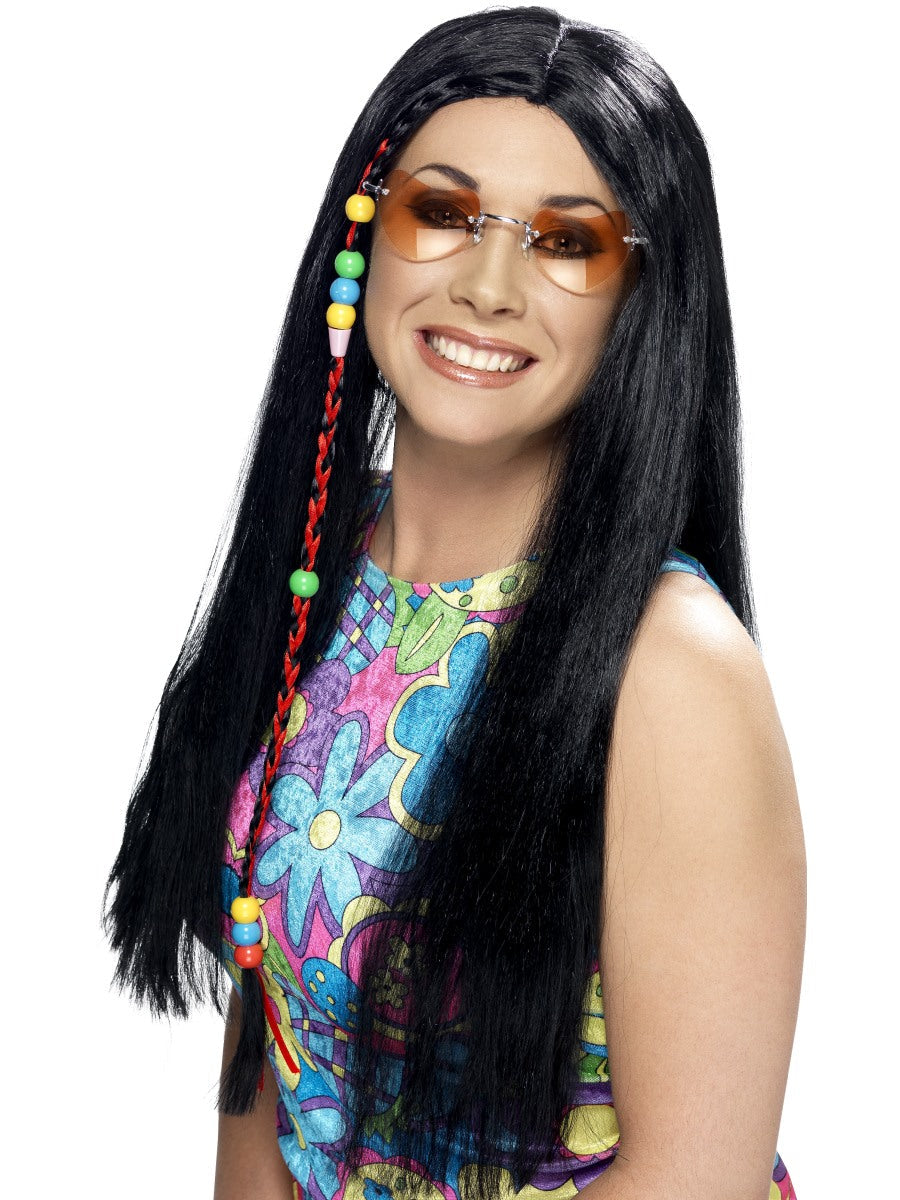 80s Hippie Wig With Beads Long Black Adults Hippy Fancy Dress Accessory