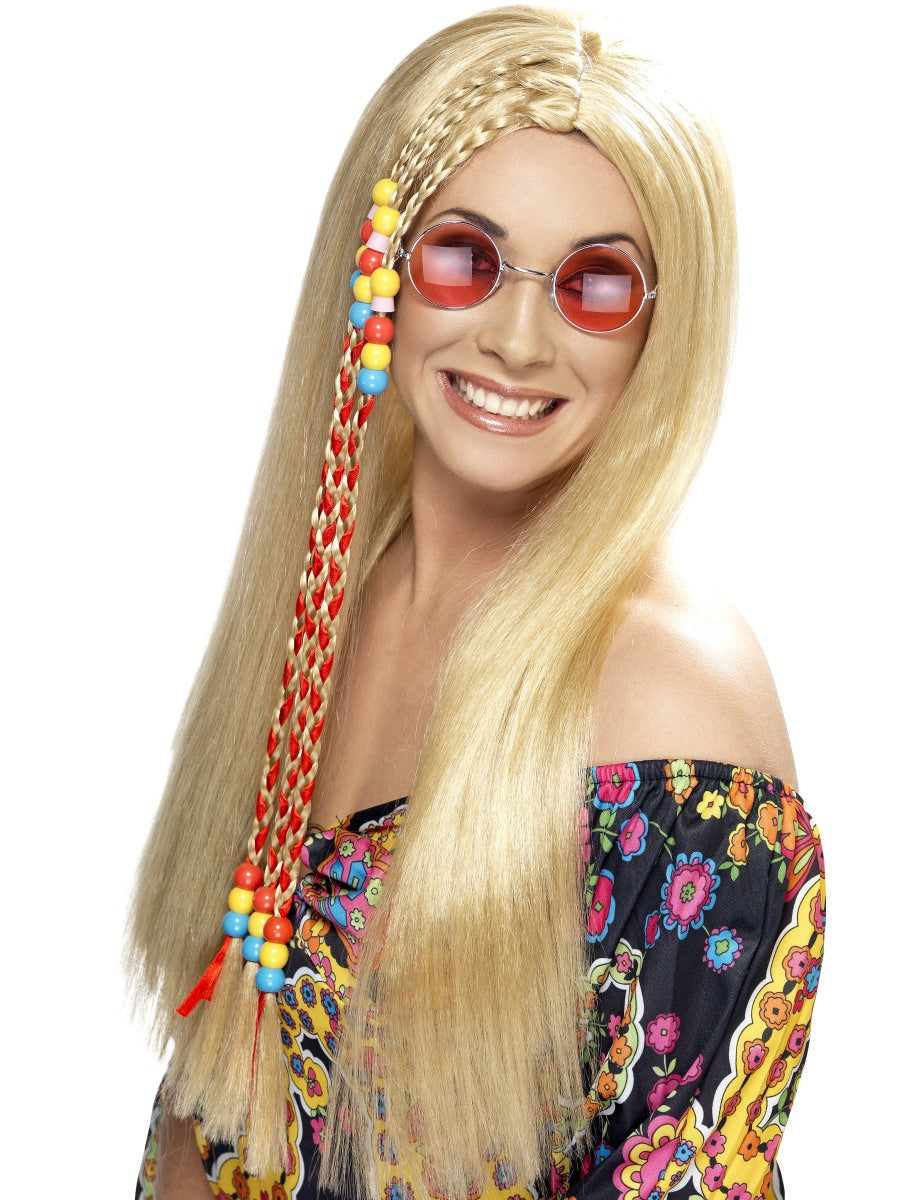 Long Blonde Hippy Wig 1960s 70s Fancy Dress Hippie Accessory Mens Ladies + Braids
