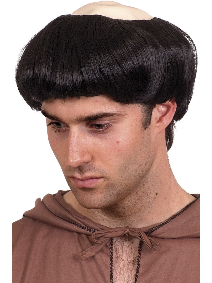 Monk Wig Religious Brown Short + Bald Cap Mens Fancy Dress
