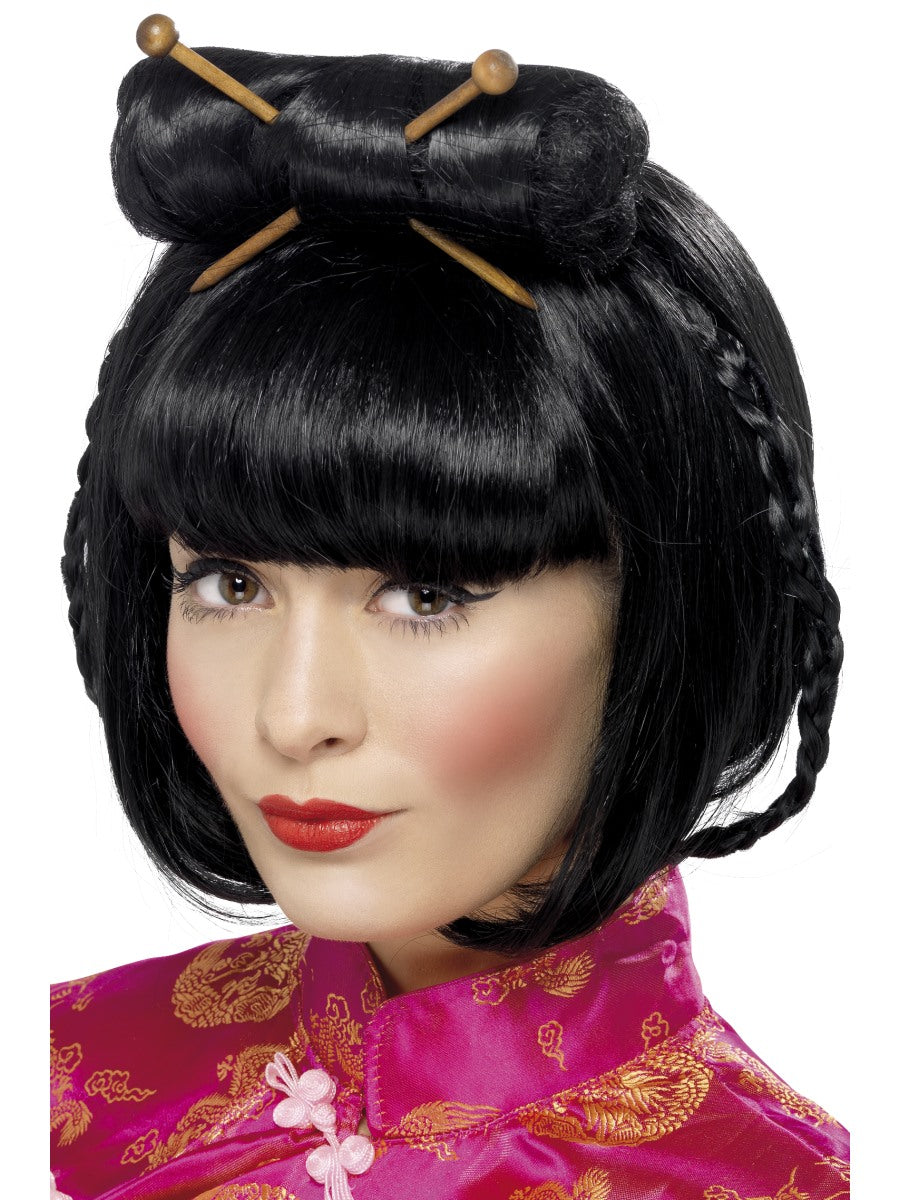 China Girl Oriental Wig Black Chopsticks Ladies Chinese Fancy Dress