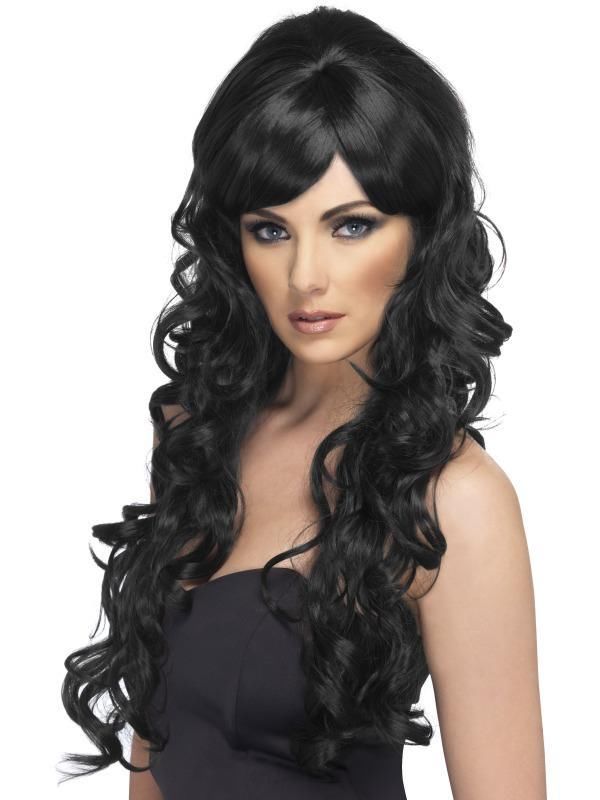 Black Pop Starlet Wig Long and Curly Adult Womens Fancy Dress New