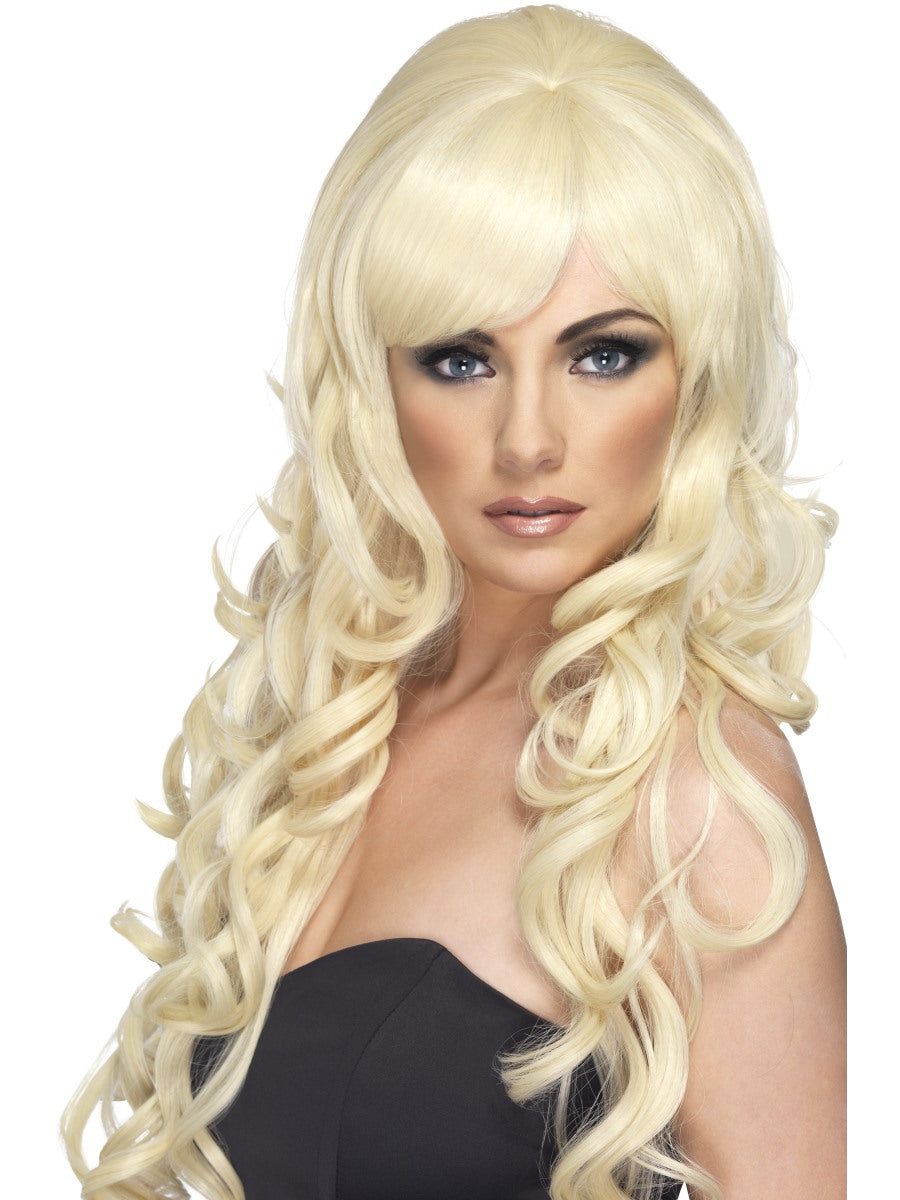 Long Blonde Curly Pop Star Wig Ladies Glamour Fancy Dress Accessory
