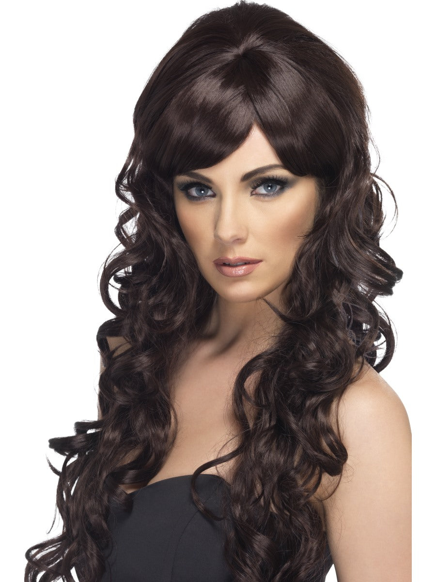 Brown Pop Starlet Wig Long and Curly Adult Womens Fancy Dress New