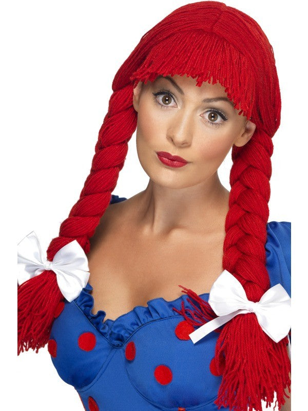 Red Rag Doll Wig Ladies Plaited + Bows Fancy Dress Costume Accessory