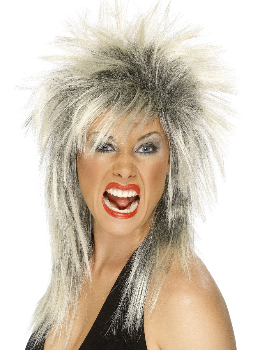 80s Rock Diva Wig Blonde Tina Turner mullet Ladies Fancy Dress Costume Accessory