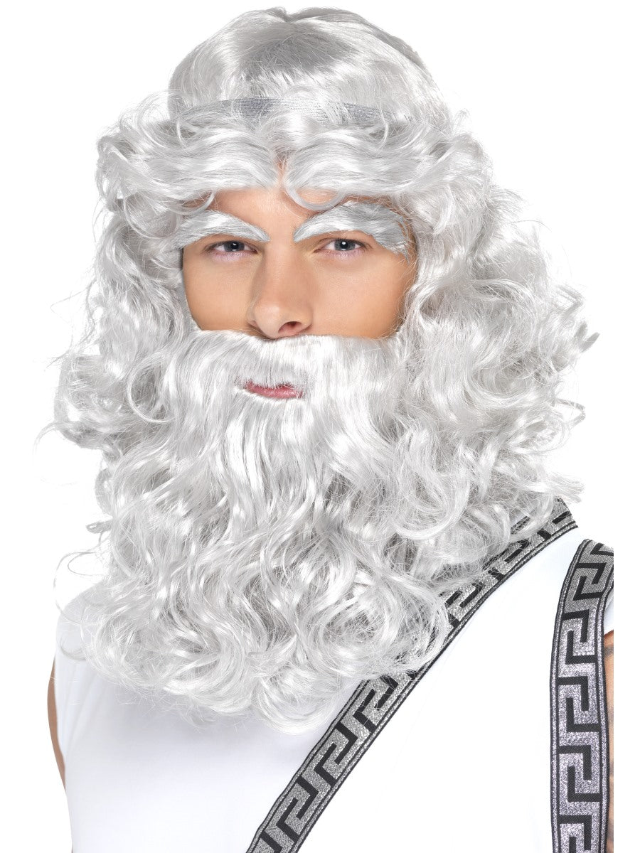 Roman Greek God Zeus Wig Beard Eye Brows Long Grey Mens Fancy Dress