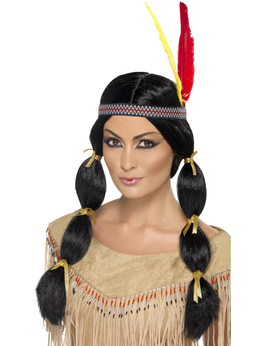 Pocahontas Indian Wig Black Squaw Fancy Dress + Feather Headband New