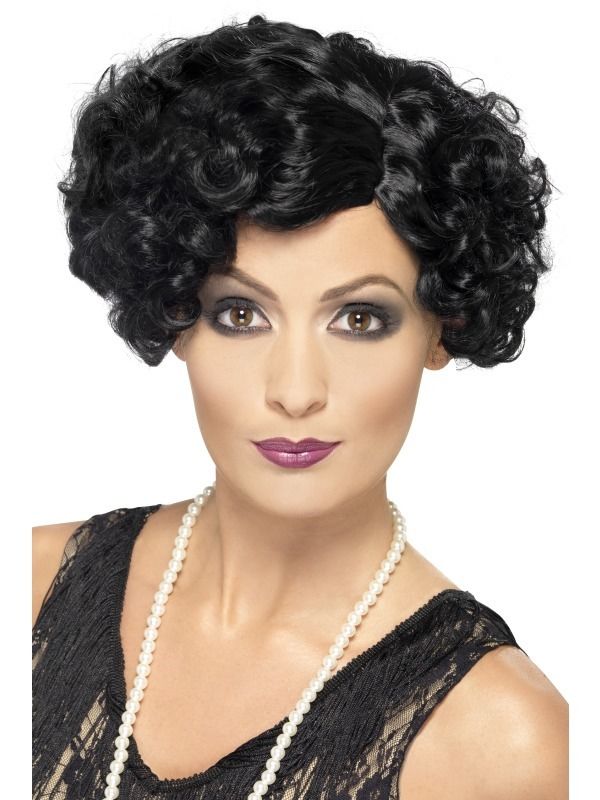 Flapper Wig Black Curly Mafia Great Gatsby Short Ladies Fancy Dress