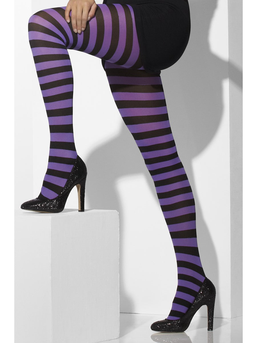 Black & Purple Striped Tights Ladies Fancy Dress Costume Accessory