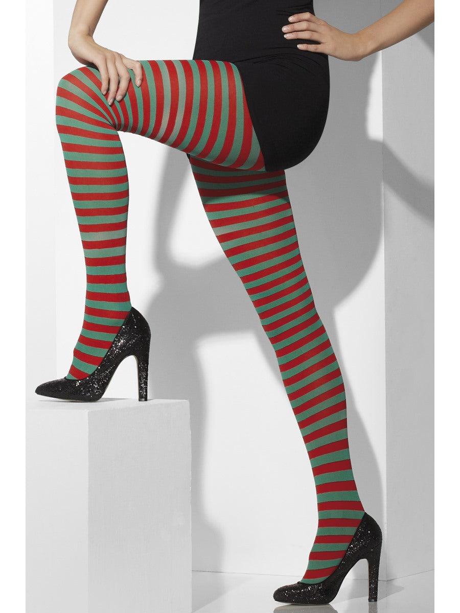 Red & Green Striped Tights Ladies Christmas Fancy Dress Accessory
