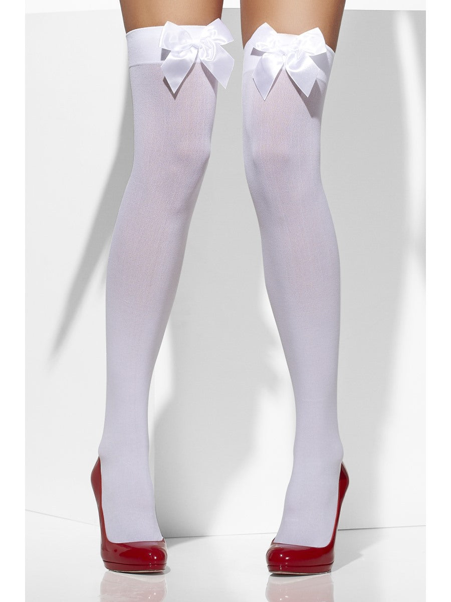 Opaque Hold Ups White Stockings With Bow Ladies Fancy Dress Thigh Highs Sexy