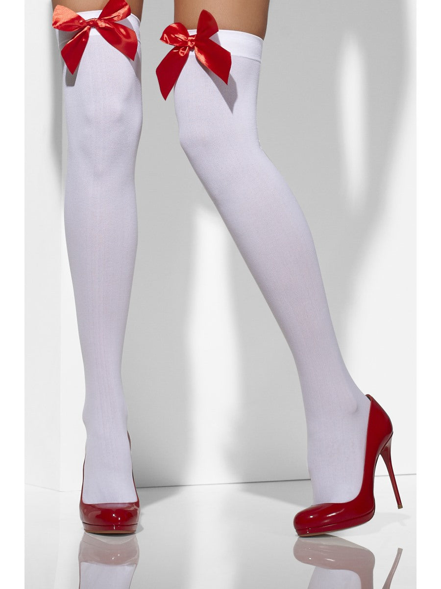 White hold Ups With Red Bow Ladies Fancy Dress Accessory One Size