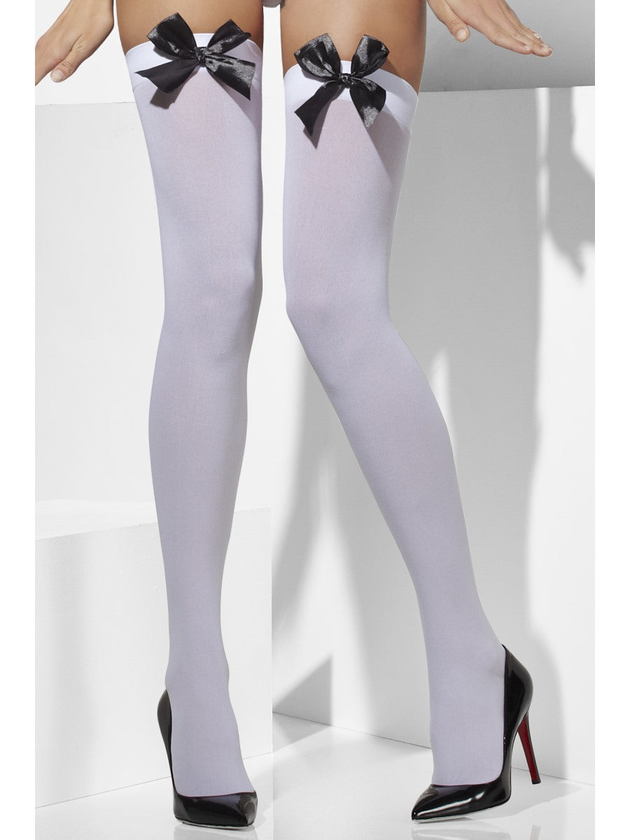 White Hold Ups With Black Bow Ladies Stockings Fancy Dress One Size