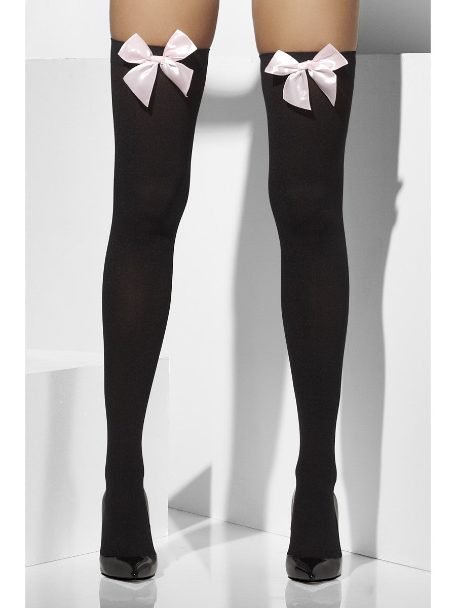 Black Opaque Hold Ups With Pink Satin Bows Fancy Dress Accessory